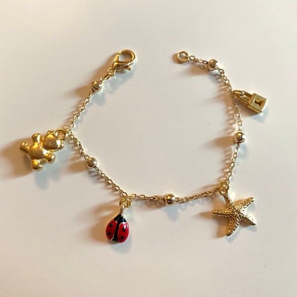 Cute Kids Bracelet Evil Eye Lock Charm Anklet, Ladybir Gold Anklet Cute Bracelet, Kids Gift, Gift for Her, Kids Bear Bracelets