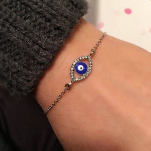 Evil Eye Strass Armband, Zilveren Amulet, Strass Blauwe Armband, Blue Evil Eye Charm, Good Luck Sieraden, Happy Valentines Day Gifts, afbeelding 5