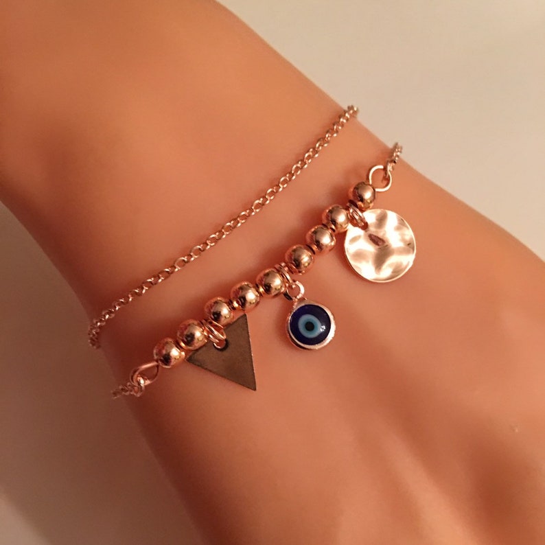 Rose Gold Jewe Multistrand Bracelet Gift for Her Birthday Gifts Best Gift Bracelet Rose Gold Plated Multistrand Evil Eye Charm Bracelet