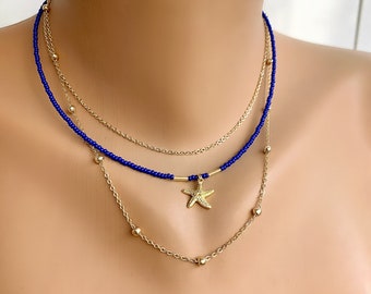 Femmes Simple Multi Layer Gold Plated Chain Pendant Choker Necklace Bijoux Or Plaqué Multi Layer Starfish collier, cadeau perlé pour elle