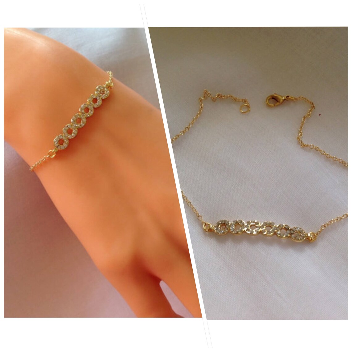 Gold Plated Delicate Bracelet Rhinestone Gold Jewelrygold Etsy