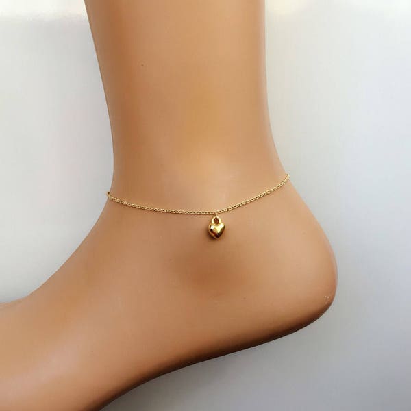 Tiny Heart Charm Gold Plated Necklace, Love Ankle Bracelet, Love Jewelry, Heart Wish Bracelet, Friendship Anklet, Heart Charm Gold Plated