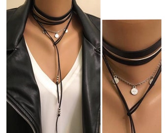 Black Leather Multi Strand Necklace, Leather Coin Set, Black Silver  Necklace, leather Choker Necklace, Long Leather Necklace, Stylish Jewel