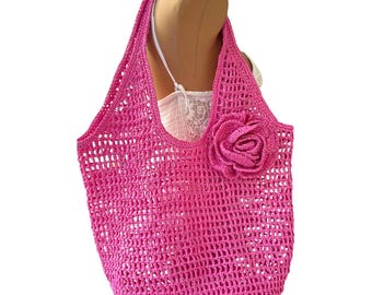Luxury Raffia Tote Bag , Casual Shoulder Bag, Knitted Bag, Crochet Pink Color bag, Summer Beach Bag, Market Bag, Shoulder Bag, Beach bag