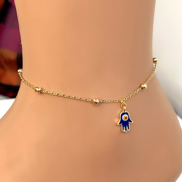 Hamsa Hand Anklet, Evil Eye Charm Gold Plated Anklet, Evil Eye Hamsa Hand Anklet, Protection Jewelry, Boho Anklet, Turkish Evil Eye