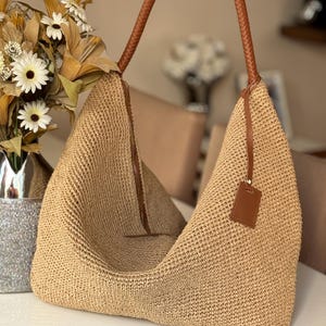 25% SALE, Strickpapier Garn Tasche Häkelpapier Seil Sommer Lässige Schulter Handtasche Handmade Gestrickte gefütterte Tasche Häkeln Tan Farbe Tasche Casual