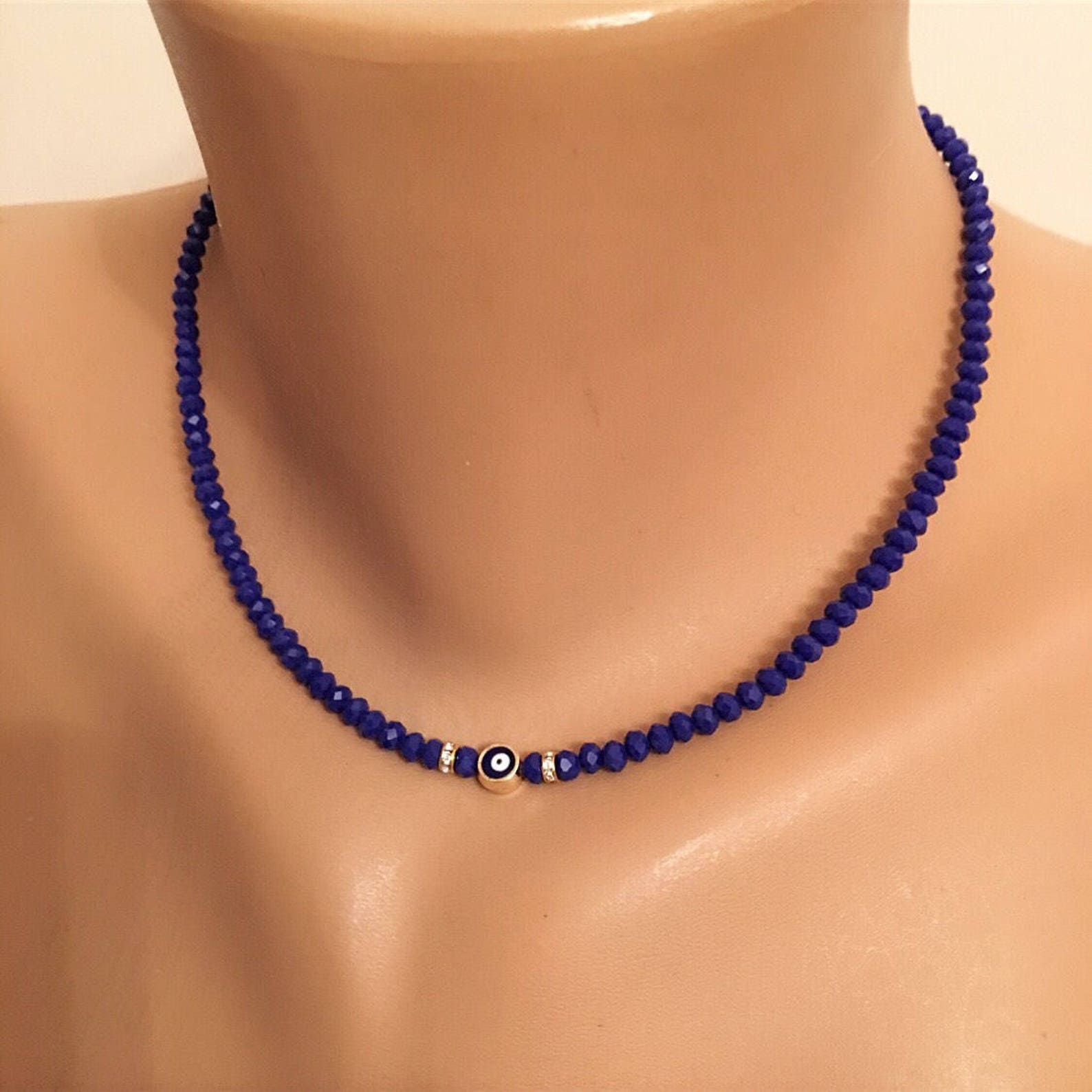 Dark Blue Crystal Beaded Necklace Evil Eye Bead Blue Etsy