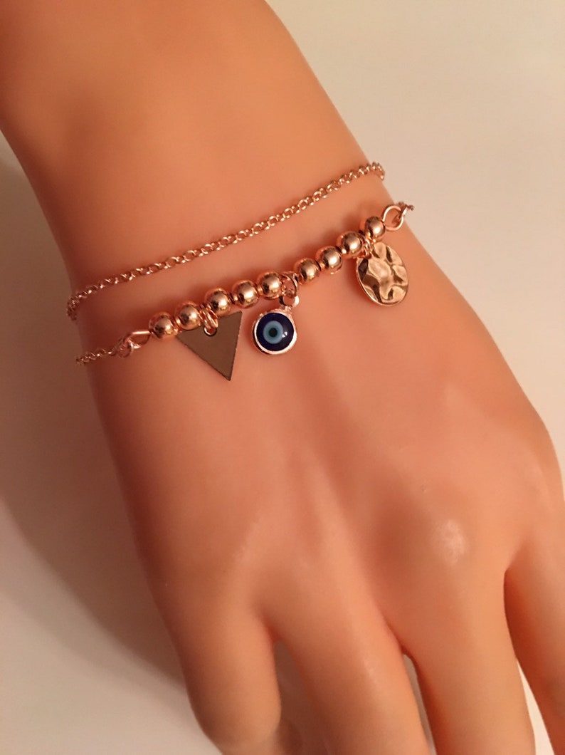 Rose Gold Jewe Multistrand Bracelet Gift for Her Birthday Gifts Best Gift Bracelet Rose Gold Plated Multistrand Evil Eye Charm Bracelet