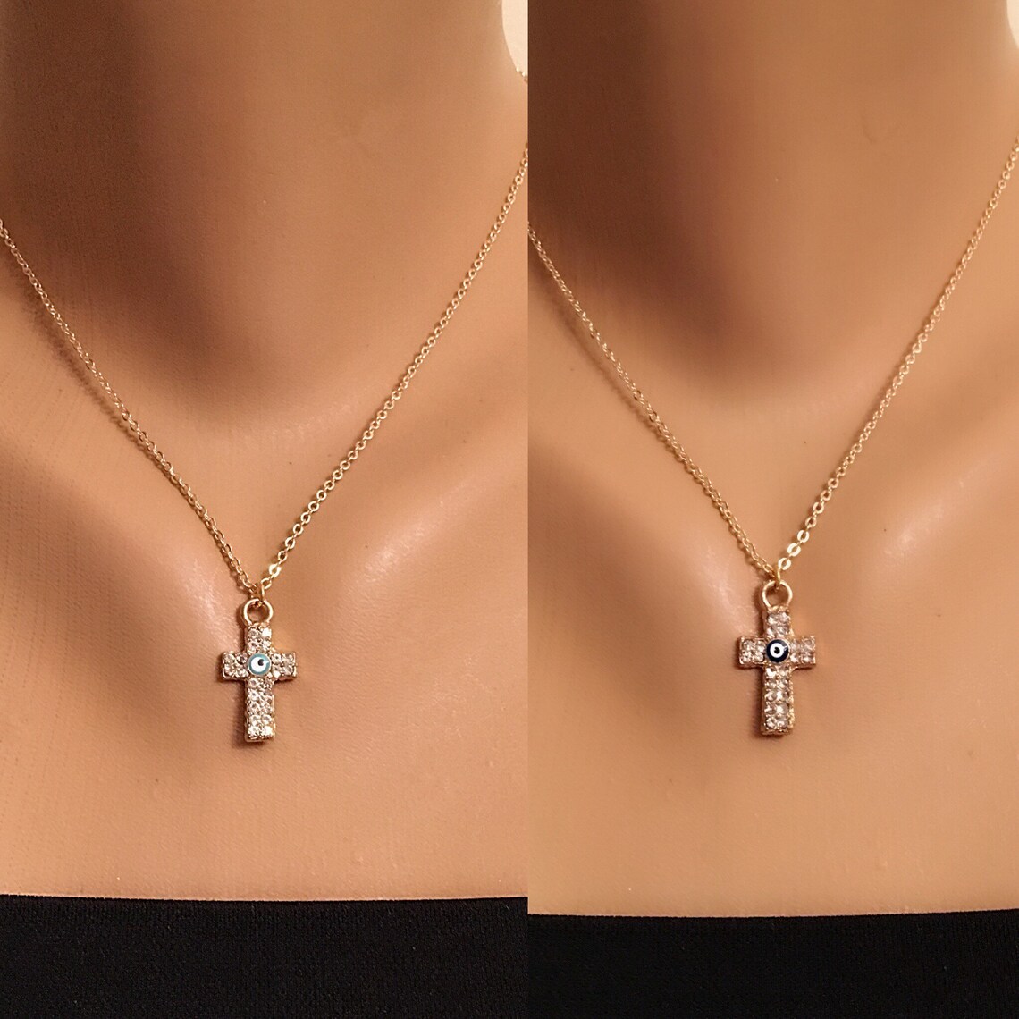 Sparkle Cross Gold Plated Evil Eye Cross Pendant Necklace Etsy