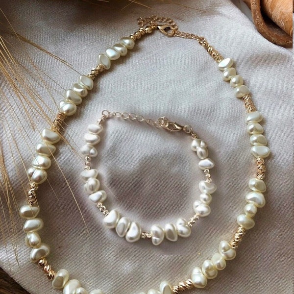 Baroque Pearl Necklace and Bracelet Set, Gold Pearl Necklace, Bridal Wedding Jewelry, Gift for Her