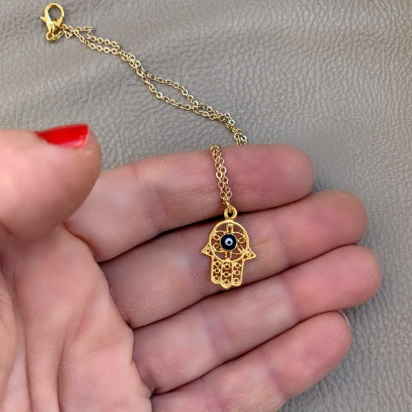 Gold Plated Hamsa Hand Necklace Evil Eye Gold Necklace Fatma's Hand Hand of Fatma Boho Jewelry Tiny Necklace Gift for Her Luck Necklace