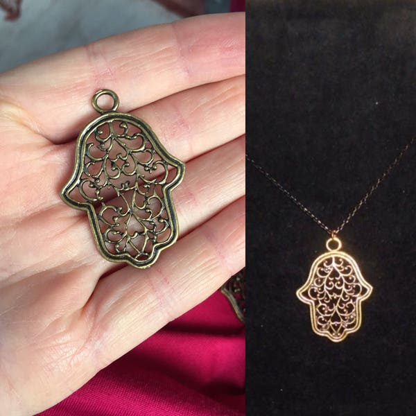 1.8 '' Pendant Hamsa Hand Necklace, Antique Brass Necklace, Boho jewelry, Protection pendant, Sacred symbol,Hand of Fatima, Gift for  her
