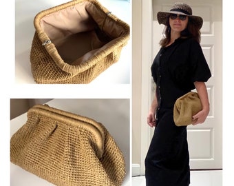 Pouch  Clutch Bag With Hidden Metal Locked, Paper Rope Knitted Tan Clutch, Crochet Summer Bag Clutch, Straw Knitted Clutch Purse ,Christmas