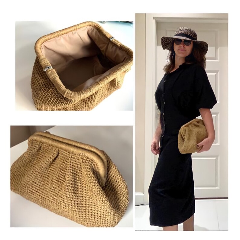 Pouch  Clutch Bag With Hidden Metal Locked, Paper Rope Knitted Tan Clutch, Crochet Summer Bag Clutch, Straw Knitted Clutch Purse ,Fast Ship 