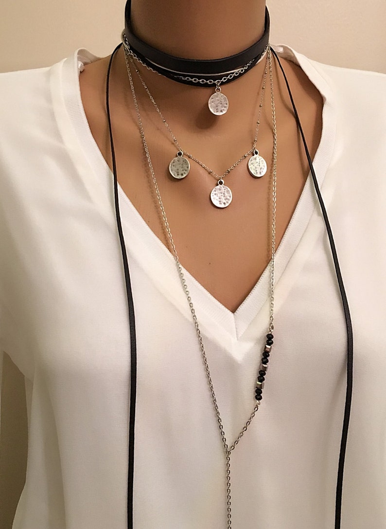 Black Leather Multi Strand Necklace Leather Coin Necklace Etsy