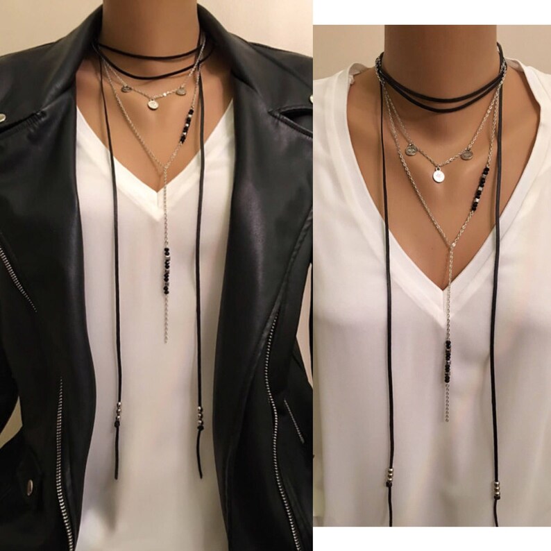 Black Leather Multi Strand Necklace Leather Coin Necklace Set Etsy