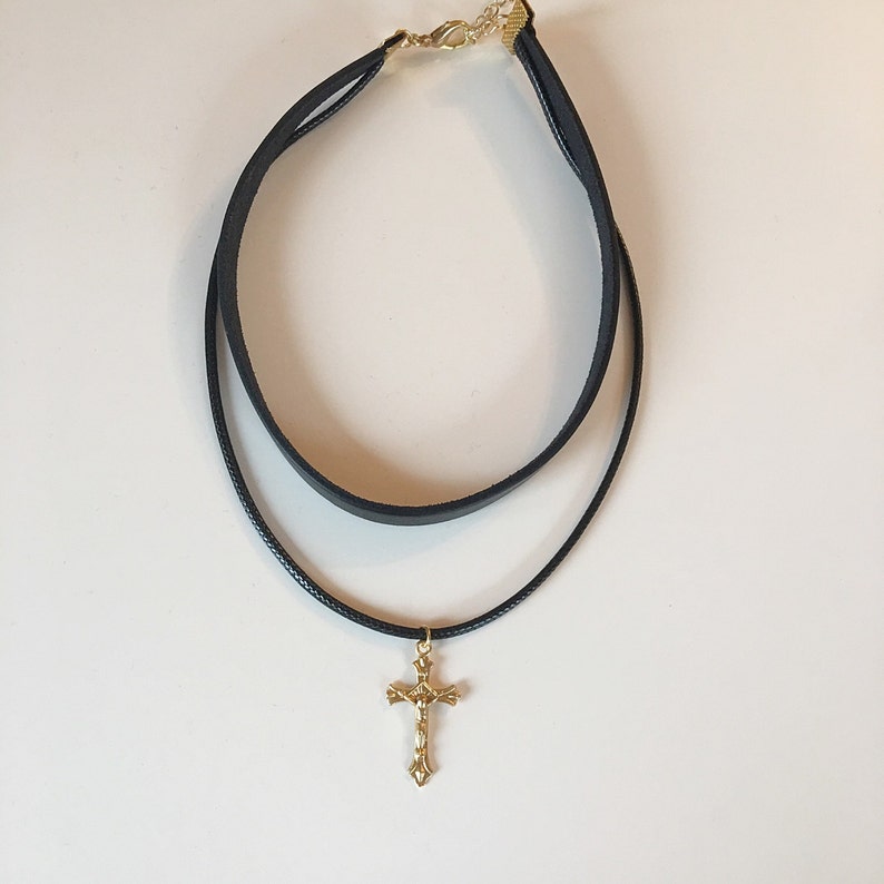 Gold Cross Choker Charm Leather Necklace Bohomian Choker Etsy