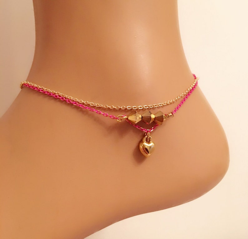 Summer Jewelry Gold Anklet Gold Plated Ankle Bracelet Beach Anklets, Gold Jewellery Crystal bead anklet Gold Pink Heart Charm Anklet