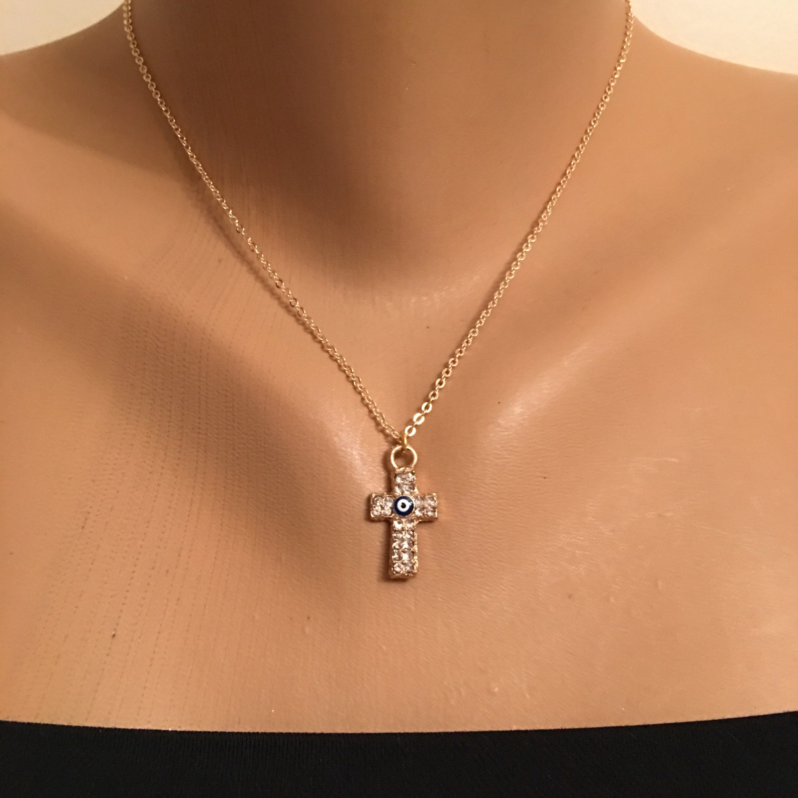 Sparkle Cross Gold Plated Evil Eye Cross Pendant Necklace Etsy