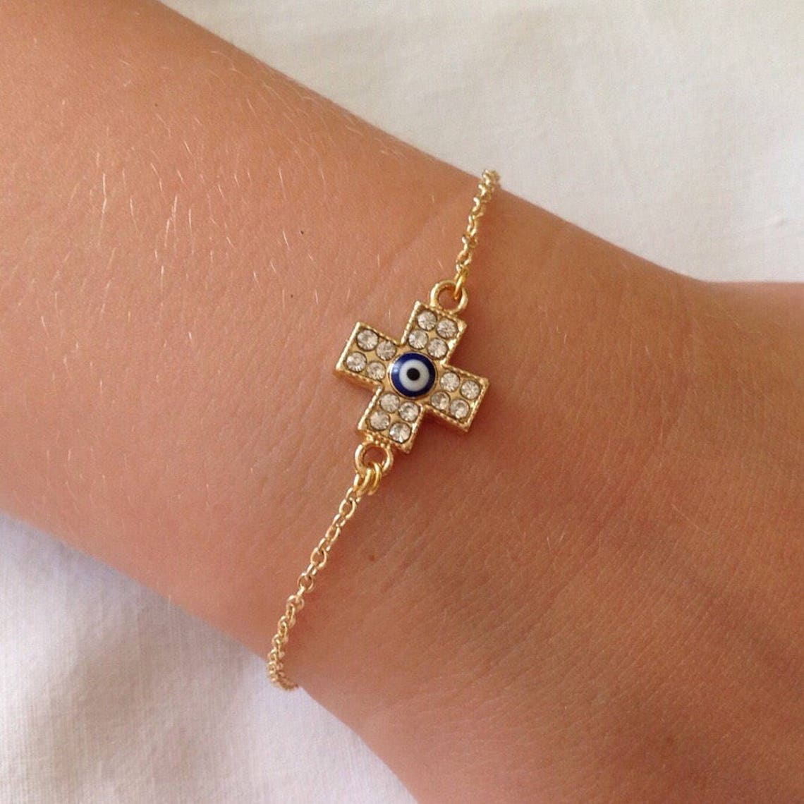 Gold Plated Cross Charm Bracelet Gold Charms Evil Eye Cross Etsy