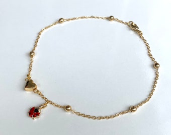 Tiny Heart Charm Gold Plated Necklace, Love Ankle Bracelet, Ladybird Jewelry, Heart Wish Bracelet, Friendship Anklet, Heart Charm Gold