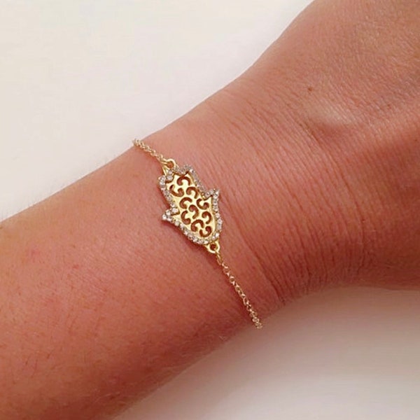 Gold Plated Hamsa Hand Bracelet, Gold Anklet, Baptism Gift, Gold Plated Jewelry, Rhinestone Hamsa, Fashion Accessory, Fatma's Hand Charm,