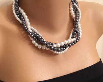 Gray Grey Chunky White Pearl Twisted Necklace, Bridesmaid Necklaces, Best Wedding Gift, Four Strands Necklace, Brides Pearl Necklace, Gift f