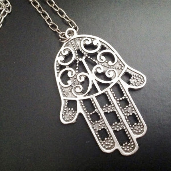 Long Chain Hamsa Hand, Antique Silver Khamsa Necklace, Boho jewelry,Long Necklace, Protection pendant, Sacred symbol, Christmas Sale On,