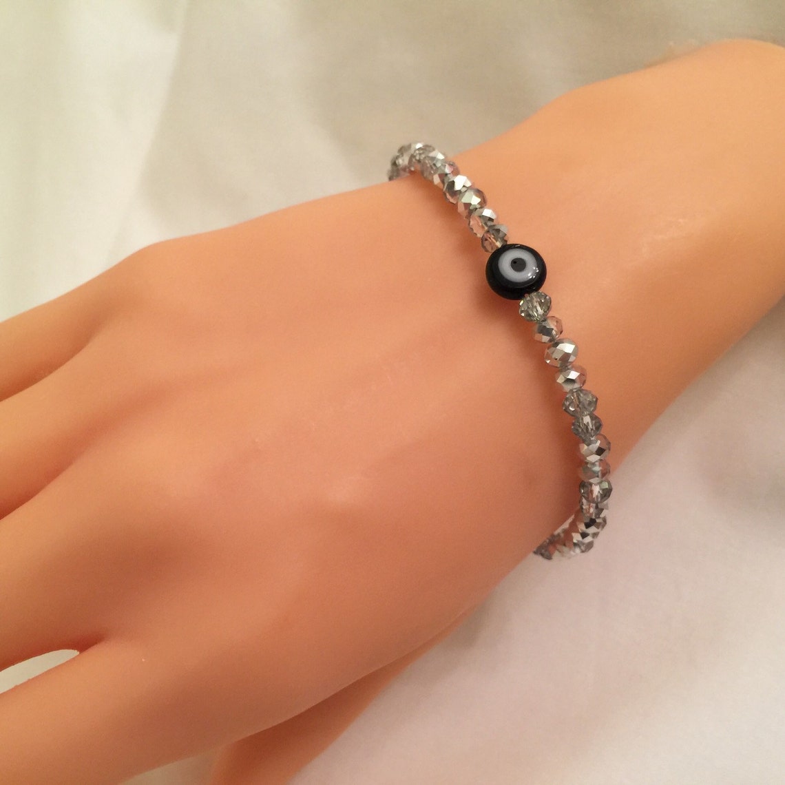 Silver Crystal Bracelet Evil Eye Bead Bracelet Silver Etsy