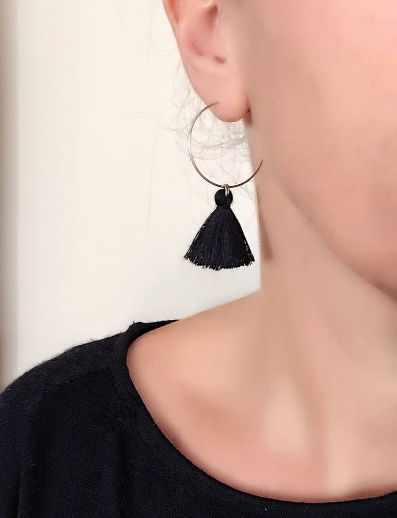 Black Tassel Hoop Earrings Black Tassel Earrings Tassel Etsy