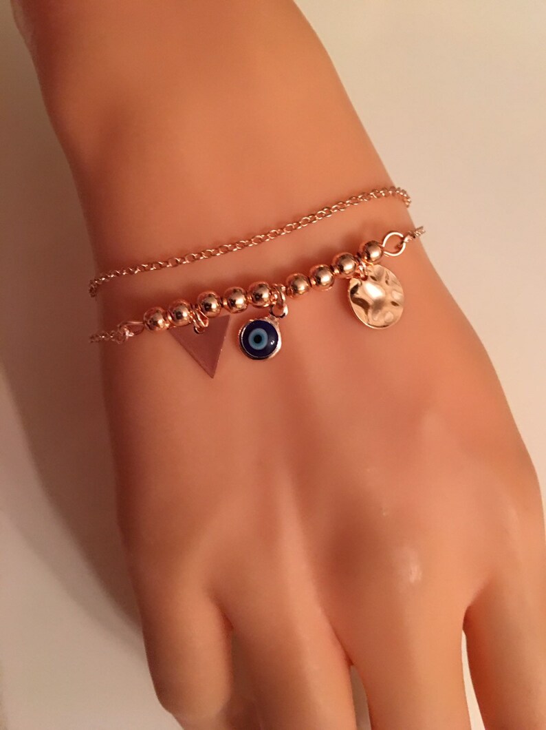 Rose Gold Jewe Multistrand Bracelet Gift for Her Birthday Gifts Best Gift Bracelet Rose Gold Plated Multistrand Evil Eye Charm Bracelet