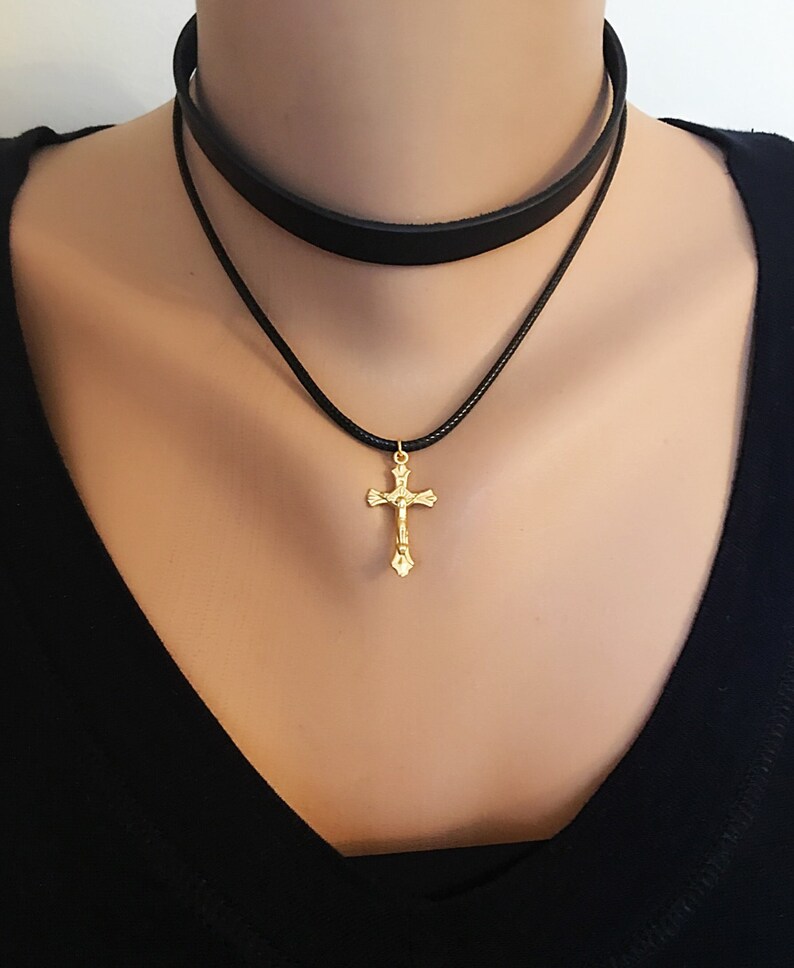 Gold Cross Choker Charm Leather Necklace Bohomian Choker Etsy