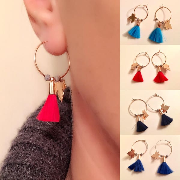 Cute Tassel Hoop Earrings, Red Blue Tassel Earrings, Trendy Earrings, Hoop Earrings, Circle, Gold Plated Hoop Earrings, 2018 Trends