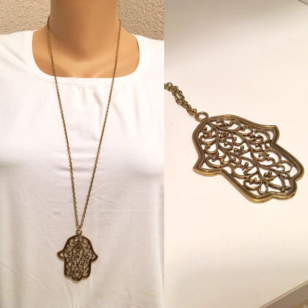 Brass Hamsa Hand Necklace, Antique Brass Necklace, Boho jewelry, Long Necklace, Luck Necklace, Protection pendant, Sacred symbol, Bohomian
