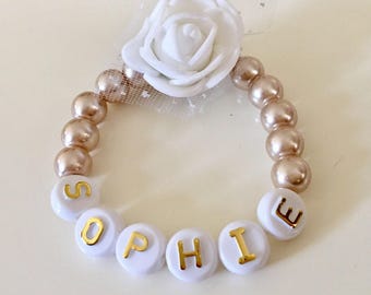 Name Bracelet, Initial Personalised Bracelet Champagne Pearl Rose Bracelet, Baptism Gift, Christening, Baby Shower Gift, Baby toddler gifts