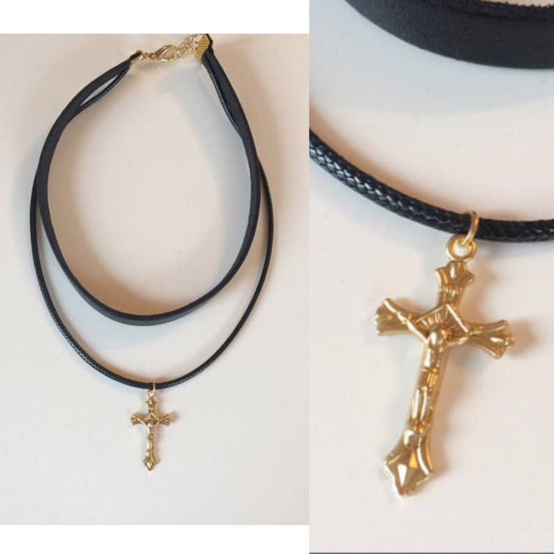 Gold Cross Choker Charm Leather Necklace Bohomian Choker Etsy