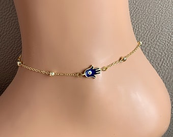 Hamsa Hand Anklet, Evil Eye Charm Gold Plated Anklet, Evil Eye Hamsa Hand Anklet, Christian Jewelry, Boho Anklet, Baptism Jewelry, Foot Jewe