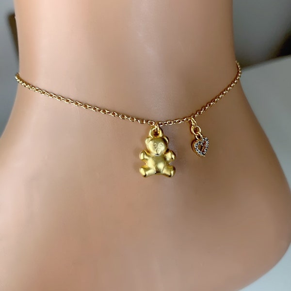 Gold Plated Bear Charm Bracelet, Heart Ankle Bracelet, Kids Jewelry, Toddler, Cute gifts for Children, Little Girl Gift, Les enfants bracele