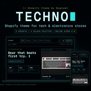 Pode incluir: Uma exibição digital do tema Shopify Techno da Buglyph, apresentando uma interface escura com detalhes em ciano. A tela mostra uma página de produto para um teclado mecânico com o texto Gear that boots first try e Clacker 87.