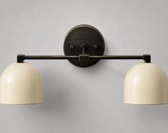 Vintage Double Vanity Wall Sconce, Mid Century Modern Bathroom Light, Brass Metal Sconce with Cream Glass Shades, Hollywood Regency Decor