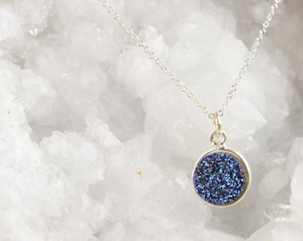 Shimmering Sapphire Druzy Stone • Sterling Silver Necklace