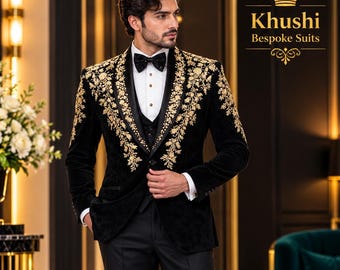 Men’s Black Velvet 3-Piece Suit with Gold Floral Embroidery, Luxury Groom Tuxedo, Embroidered Blazer, Waistcoat & Trousers