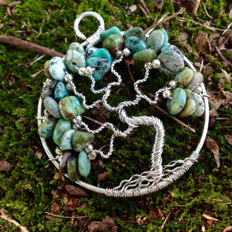 Birthday Gift For Her December Birthstone Blue /& Green Stone Necklace Turquoise Tree of Life Pendant