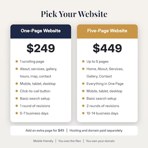 May include: A comparison chart titled Pick Your Website featuring two options: a One-Page Website with a dark blue header and a Five-Page Website with a gold header. Each column lists specific features, page counts, and turnaround times.