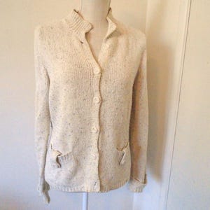 Oatmeal Flecked Mock Neck Button Front Cardigan Liz Claiborne Women's Tweed Knit Medium