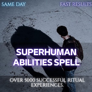 Op de afbeelding: Een persoon in een zwart shirt, blauwe spijkerbroek en bruine rugzak op een grijze ondergrond. De schaduw op de grond lijkt op een groot wezen. Tekst: SAME DAY, FAST RESULTS, SUPERHUMAN ABILITIES SPELL, OVER 5000 SUCCESSFUL RITUAL EXPERIENCES.