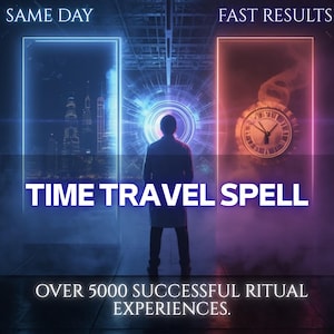 Pode incluir: Um gráfico digital com o texto SAME DAY FAST RESULTS, TIME TRAVEL SPELL e OVER 5000 SUCCESSFUL RITUAL EXPERIENCES. Uma silhueta está entre um portal azul com uma cidade e um portal vermelho com o mostrador de um relógio.