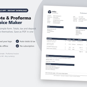 May include: A digital Quote and Proforma Invoice Maker template featuring a clean layout with sections for company details, billing, shipping, itemized descriptions, payment terms, and bank information, displayed on a white document.