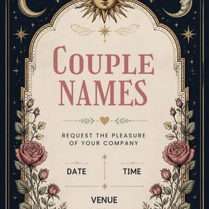 Celestial Wedding Invitation Template — Editable Canva, Sun Moon Boho Wedding Invite, Dark Floral Instant Download