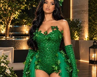 Halloween Women's Costume, Leaf Vine Bodysuit, Sheer Train, Ivy Costume, Long Gloves, Poisonous Plant-Inspired Costume